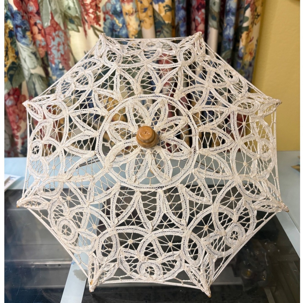 Vtg Battenburg Lace Parasol 12" Ivory Wedding Flower Girl Umbrella Wood Handle